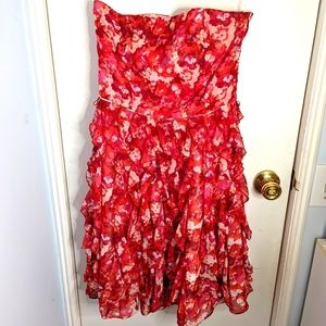 Strapless pink and red ruffle dress, size 4